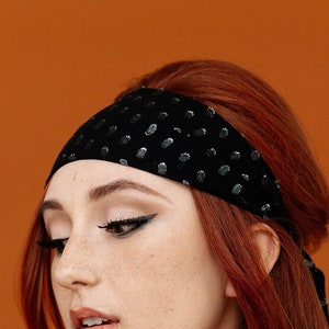 Silver Dots Chiffon Ponytail Bow Headband - Black Soft Fabric Bandana Hair Accessory