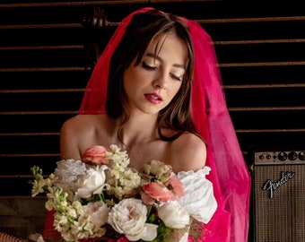 Hot Pink Veil Barbiecore Bride Waist Length Veil Bouffant Veil Retro Weddings
