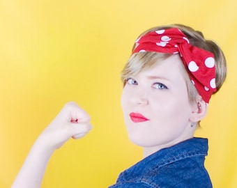 Red and White Polka Dot Bandana - Retro 50s Head Scarf for Rosie the Riveter Hairband