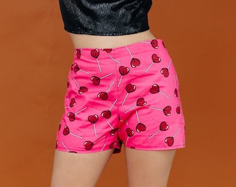 Short taille haute coeurs Saint-Valentin - Style Barbiecore en coton rétro - Motif sucette d'été