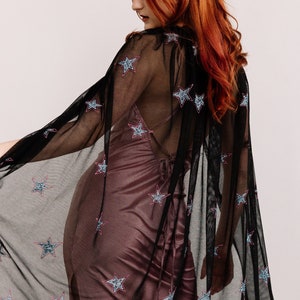 Silver Stars Cape Classic Halloween Witch Costume Adult Fantasy Dress Celestial Cape Sheer Fortune Teller Cloak