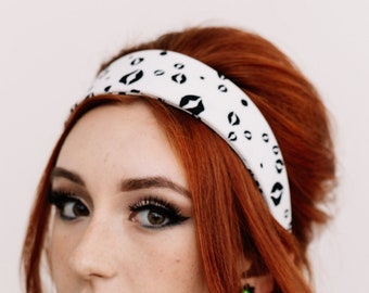 Retro 60s Headband Black and White Hairband Wide Kiss Print Bandana Lips Pattern