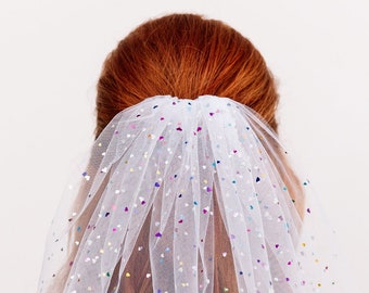 Mini Dots Veil Bachelorette Party and Bridal Shower, Short Tulle Wedding Veil with Metallic Butterflies or Stars Retro 60s Bridal Accessory