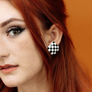 Checkerboard Earrings Black and White Studs Retro Jewelry Medium Earrings