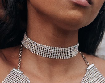 Iridescent Crystal Choker Necklace - Silver Thick Chain with AB Rhinestones