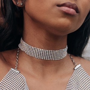 Iridescent Crystal Choker Necklace - Silver Thick Chain with AB Rhinestones