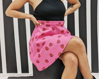 Heart Shaped Lollipop Skater Skirt -  High Waist A Line Skirt Pink Mini - Barbiecore Outfit