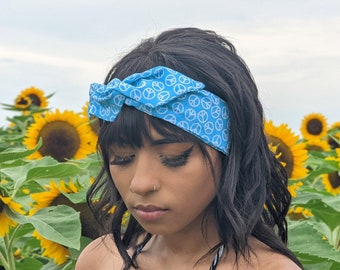 Peace Sign Bandana Twist Headband White and Blue Cotton Hairband Anti War Summer Accessories