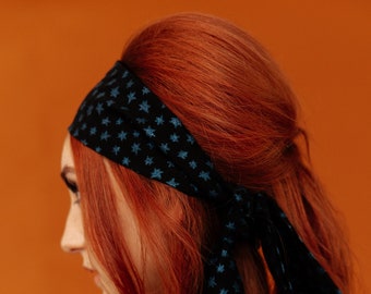 Glitter Star Bandana Hair Scarf - Blue and Black Chiffon Multi Use Head Wrap