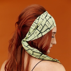 Geometric Green Chiffon Hair Accessory Retro Bandana Purse Bow Skinny Headband - Multi Use