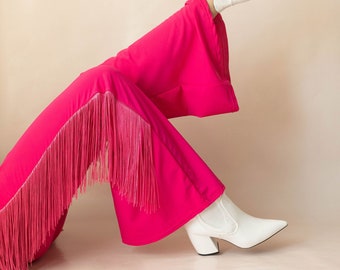 Pink Cowgirl Fringe Bell Bottom Pants - Western Barbie Cosplay Outfit - Nashville Bachelorette - Stretchy Pull-On Trousers