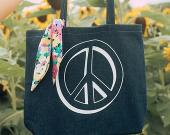 Denim Tote Bag Dark Blue Canvas Bag Peace Sign Beach Bag Navy Blue and White with Floral Accent