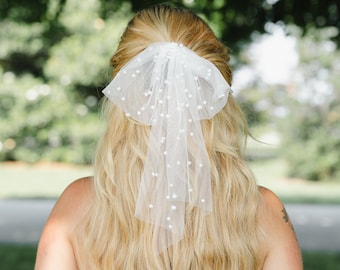 White Tulle Bow Clip for Brides  Pearl Bridal Veil Alternative  Wedding Hair Accessory