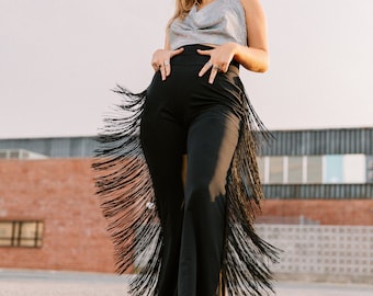 Black Fringe Bell Bottom Cowgirl Rodeo Outfit  Western High Waisted Stretch Pants  Party Style