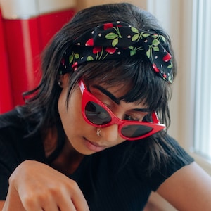 Cherry Headband - Black and Red Cotton Hair Scarf with Bendable Wire Rockabilly Style Bandana