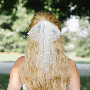 White Tulle Bow Clip for Brides  Pearl Bridal Veil Alternative  Wedding Hair Accessory