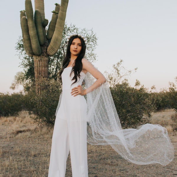 Vestido de novia con capa nupcial de perlas, velo largo de tul con cuentas, alternativa