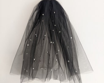 Black Studded Veil - Rock and Roll - Silver  Black Waist Length - Bouffant - Retro Wedding - Corpse Bride Costume