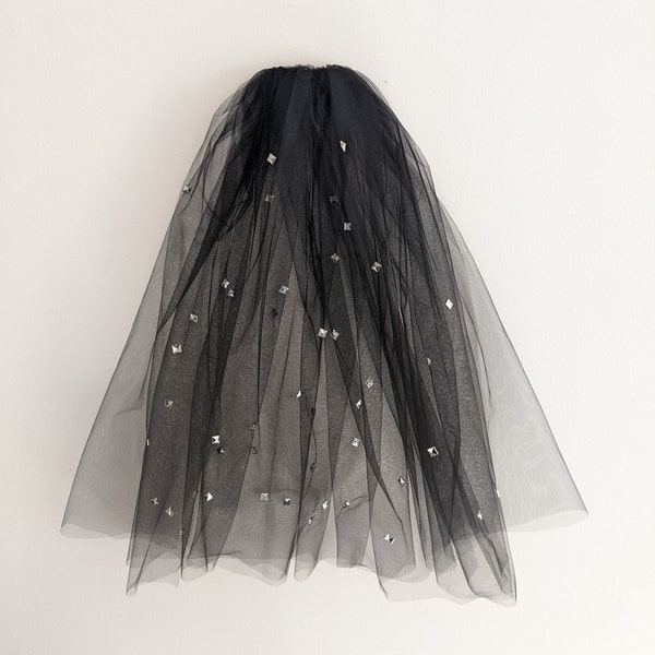 Black Studded Veil - Rock and Roll - Silver  Black Waist Length - Bouffant - Retro Wedding - Corpse Bride Costume