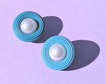 Large Retro 60s Blue  Pearl Clip On Earrings  Vintage Style Jewelry