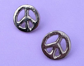 Large Silver Peace Earrings - 60s Retro Studs for Her - Anti War Jewelry