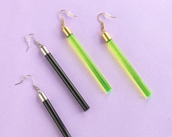 Clear Lucite Dangle Earrings  Minimalist Jewelry  Black or Green  Lightweight  Elegant Jewelry Light Saber Earrings