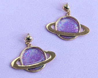 Gold Saturn Dangle Earrings with Purple Oil Spill Effect - Space and Planets Jewelry