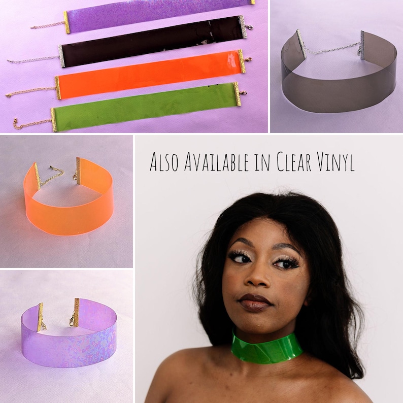 Metallisk choker i konstläder, skimrande smycken, silver- eller guldhalsband för raver-goth, statementhalsband för festivalbruk, justerbar krage bild 9