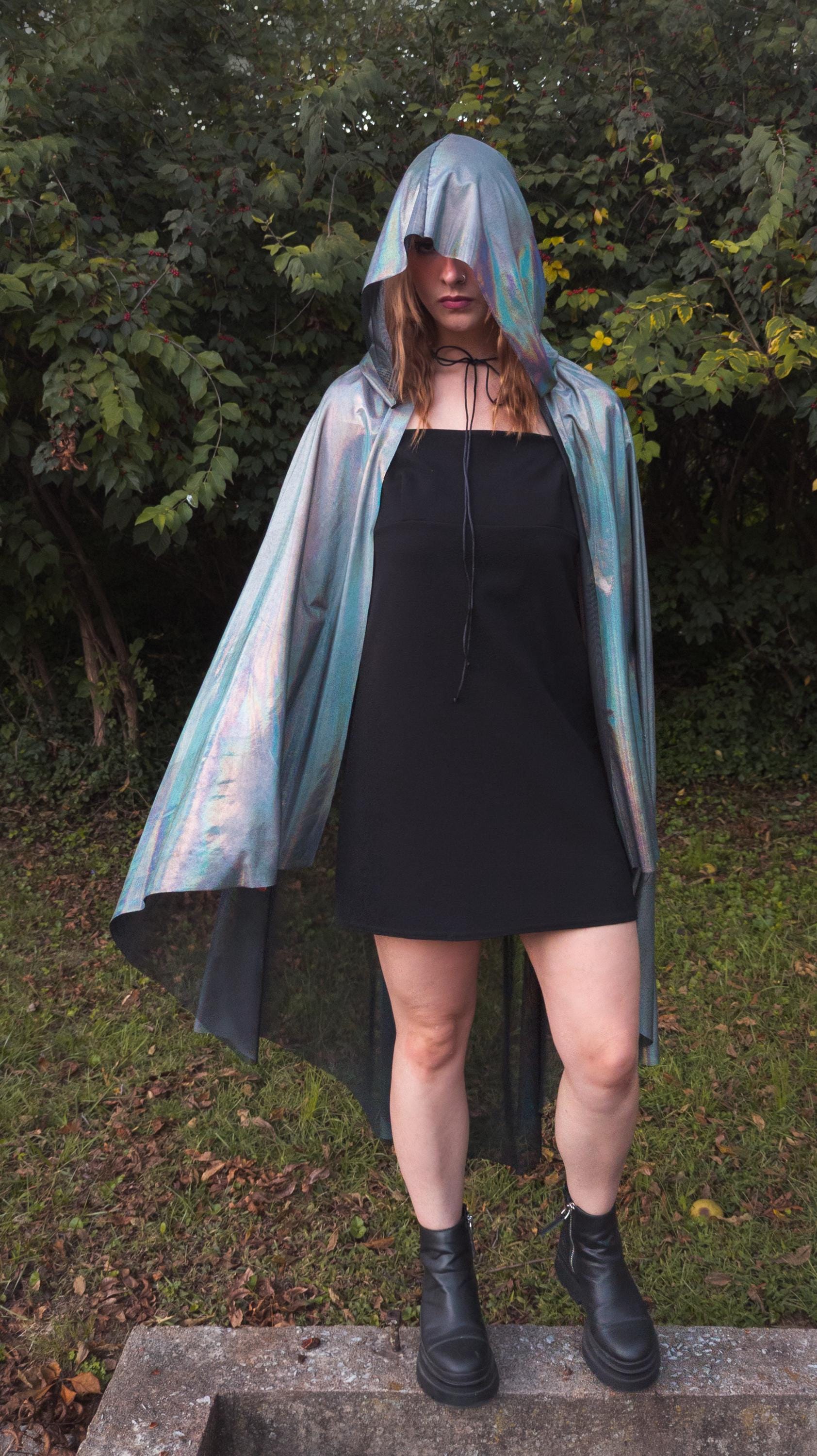 iridescent hologram hooded cape rave festival sequin forest fairy costume frozen Iridescent Hooded Cloak, Holographic Mesh Cape, Futuristic  main image 3
