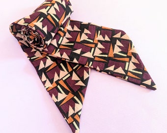 70s Retro Self-Tie Hairband Scarf - Soft Chiffon Bandana with Geometric Print and Multi-Use Skinny Design