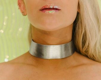 Metallic Choker Band Necklace - Silver or Gold -  Faux Leather Thick Choker Necklace - Raver Electro Goth Cosplay Accessories