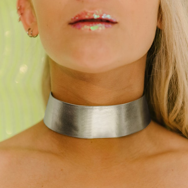 Metallic Choker Band Necklace - Silver or Gold -  Faux Leather Thick Choker Necklace - Raver Electro Goth Cosplay Accessories