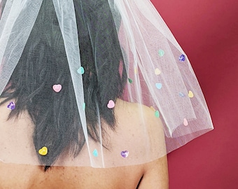 60s Retro Bachelorette Veil with Cute Hearts - Multi Color Bridal Shower  Valentines Day Wedding Blusher