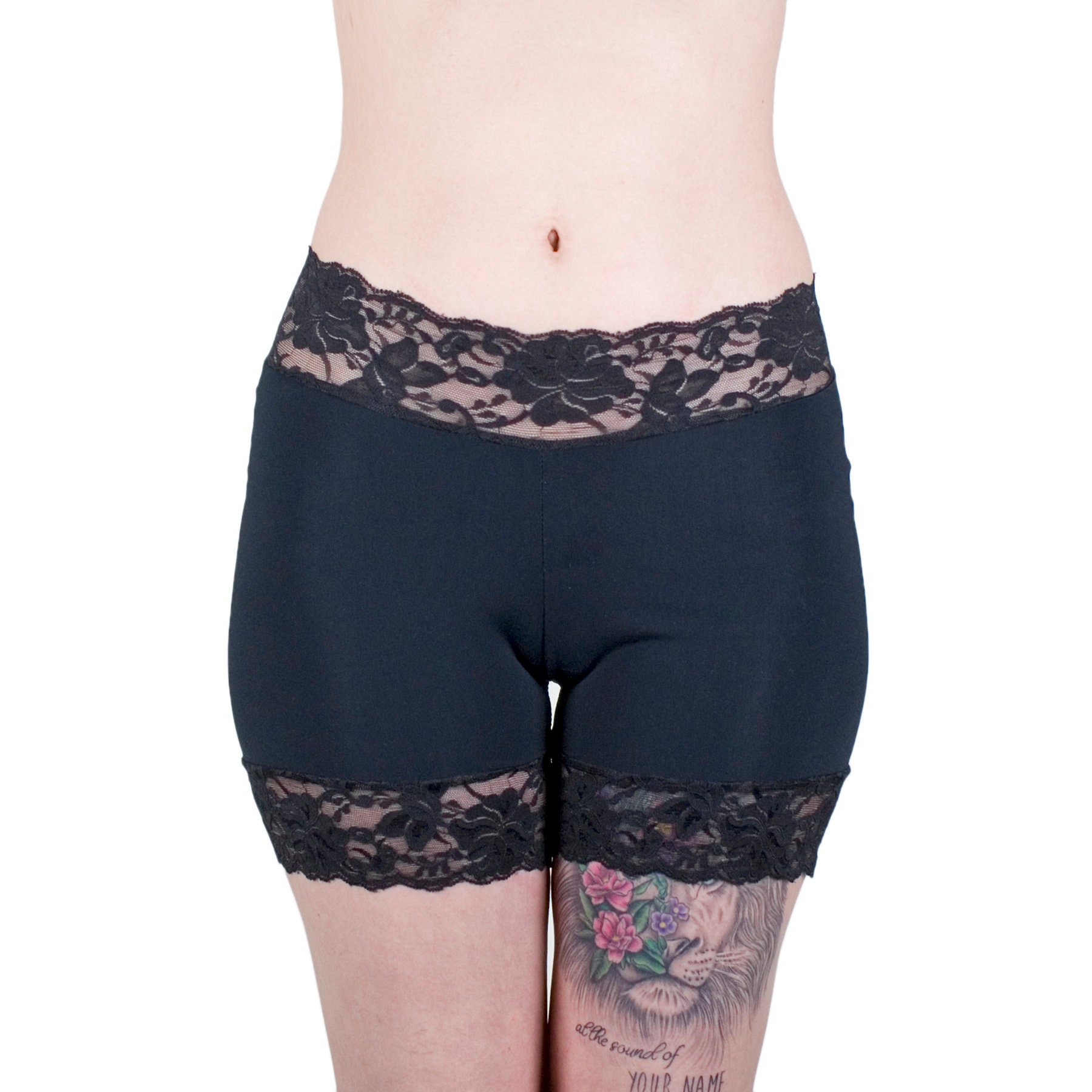 Black Spandex Biker Shorts With Lace Trim: Anti-chafing Tap Pants