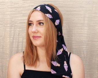 Graphic Ice Cream Print Headband Black Skinny Scarf Multi-Use Hair Accessory