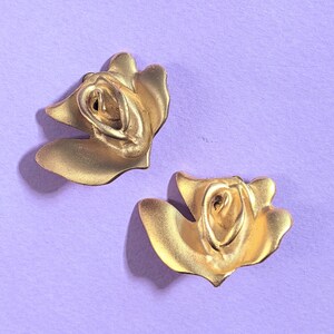 Gold Clip On Rose Earrings with Pearl Drop: 80s Retro Jewelry