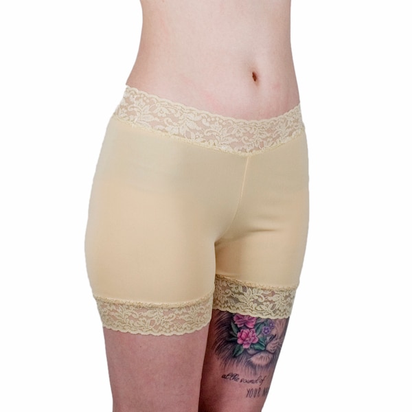 Beige Lace Biker Shorts - Smooth Shaping Underwear for Modesty and Comfort