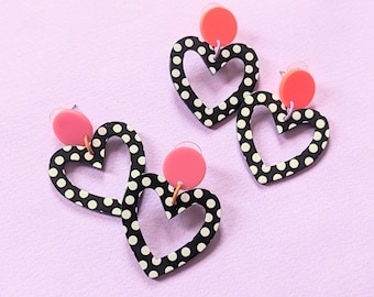 Black and White Heart Earrings - Valentines Day Jewelry with Polka Dot Dangle Cute and Fun Acrylic Studs