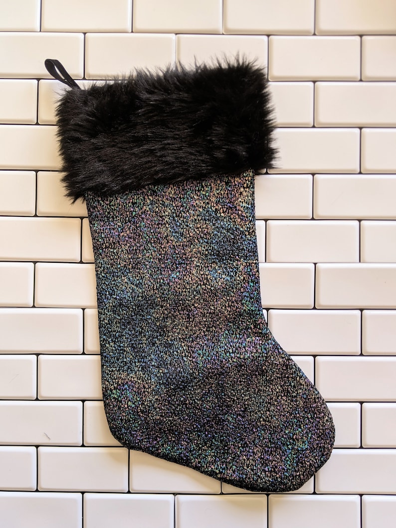 All Black Christmas Stocking Fur Trim Metallic Holiday Decor Etsy Black Christmas Stocking