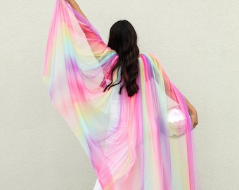Rainbow Cape LGBTQ Wedding Veil - Full Length Multi-Colored Cloak for Neon and Disco Themed Weddings - Fairy Unicorn Cosplay Elven Costume