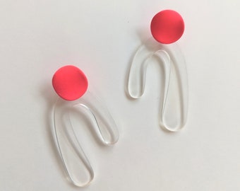 Neon Pink Lucite Drop Earrings - Clear Abstract Jewelry - Statement Piece - Perspex Dangles