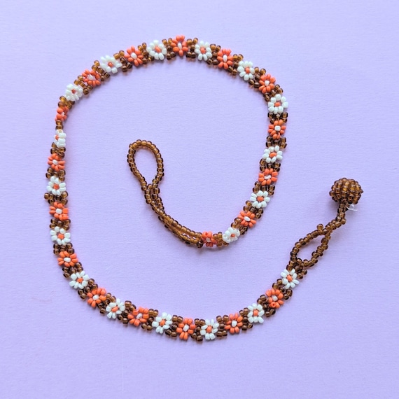 Vintage Beaded Choker 90s Jewelry Orange and Brown Floral Necklace Gifts for Women
