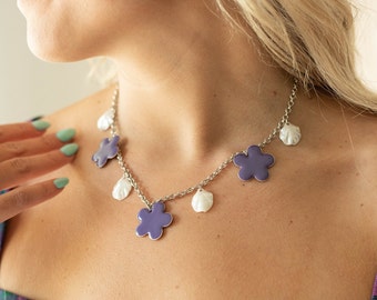 Silver Shell Necklace with Floral Charms - Barbiecore Accessories