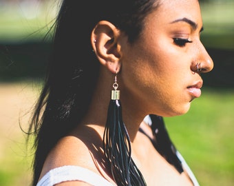 Maximalist Black Leather Tassel Earrings - Western Fringe Jewelry