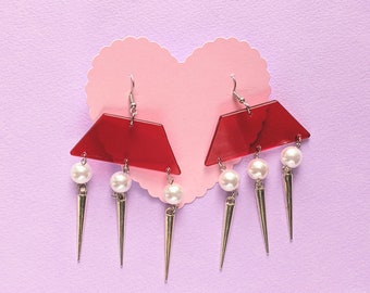 Red Lucite Statement Earrings with Pearls and Spikes - Oversized Geometric Style - Clear Perspex - Bold Jewelry