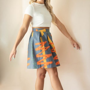 80s High Waist Cotton Skirt: Retro Neon Squiggle Jazz Design