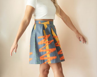 High Waist 80s Neon Skirt with Retro Squiggles and Vibrant Jazz Designs - Vintage Cotton Graphic Style