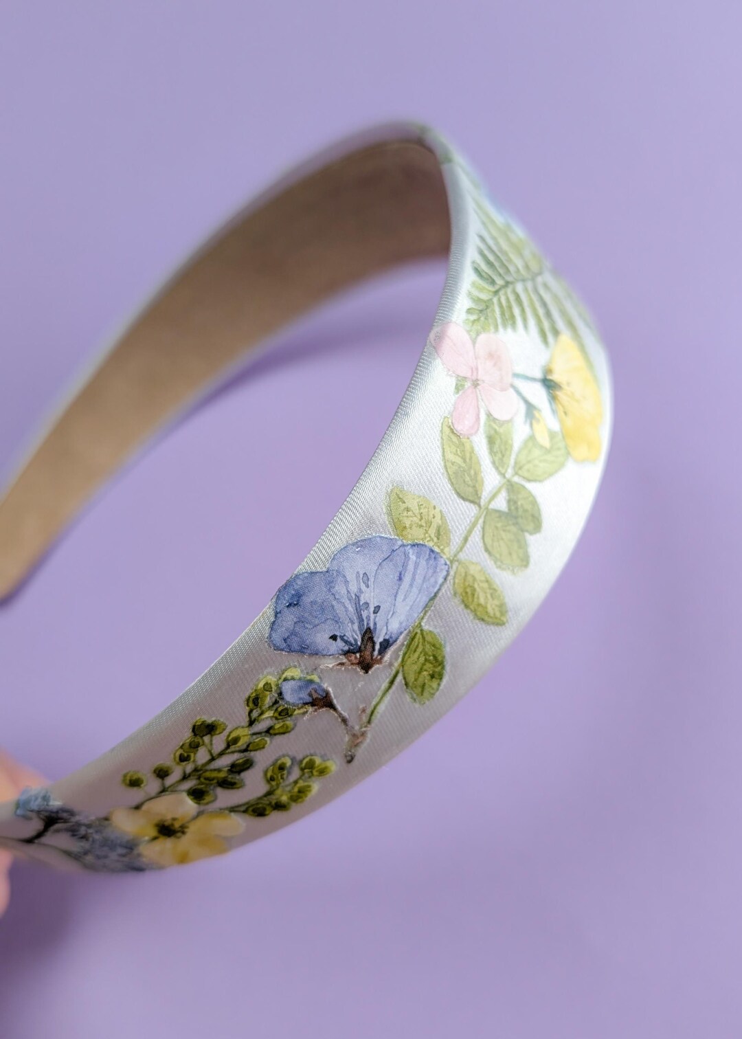 Pressed Flower Headband - White Satin Bridal & Cottagecore  display picture 1
