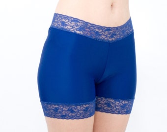 Stretch Lace Biker Shorts - Navy Blue Spandex Anti Chafing Modesty Bottoms