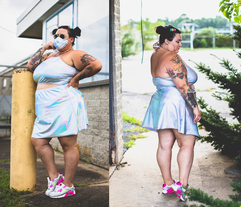 Plus size holographic halter top and skater skirt with shiny rainbow finish.